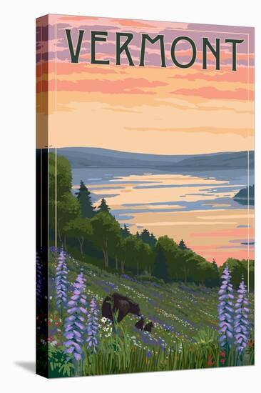 Vermont - Lake and Bear Family-Lantern Press-Stretched Canvas