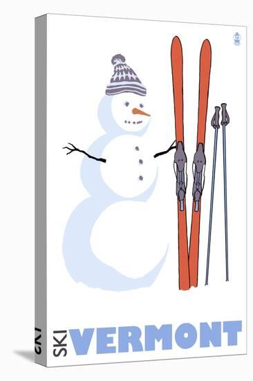 Vermont, Snowman with Skis-Lantern Press-Stretched Canvas