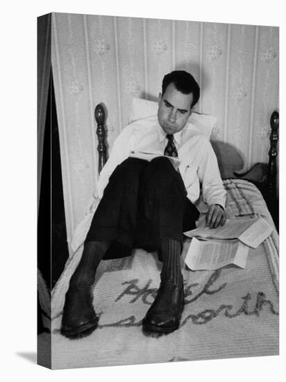 Vice Presidential Candidate Richard M. Nixon Sitting on His Hotel Bed Reviewing Paperwork-Cornell Capa-Premier Image Canvas