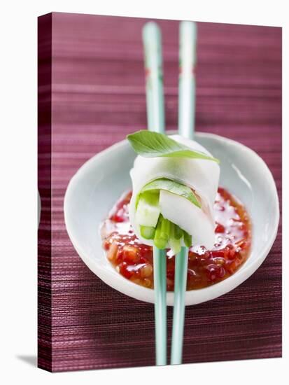 Vietnamese Spring Roll on Chopsticks over Chili Sauce-null-Premier Image Canvas
