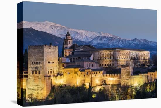 View at dusk of Alhambra palace with the snowy Sierra Nevada in the background, Granada, Andalusia,-Stefano Politi Markovina-Premier Image Canvas