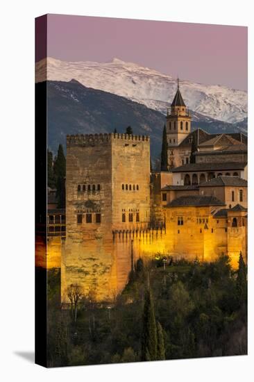 View at dusk of Alhambra palace with the snowy Sierra Nevada in the background, Granada, Andalusia,-Stefano Politi Markovina-Premier Image Canvas