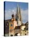 View from Danube River and Steinerne Bridge, Regensburg, Bavaria, Germany-Walter Bibikow-Premier Image Canvas