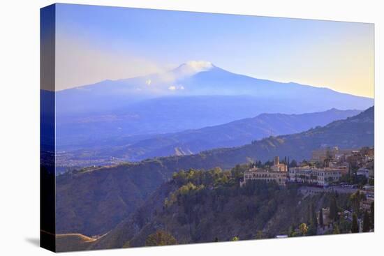 View from Greek Theatre to Taormina with Mount Etna in Background, Taormina, Sicily, Italy, Europe-Neil Farrin-Premier Image Canvas