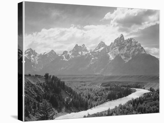 View From River Valley Towards Snow Covered Mts River In Fgnd, Grand Teton NP Wyoming 1933-1942-Ansel Adams-Stretched Canvas