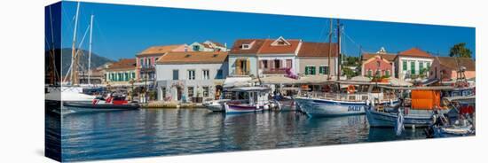 View of cafes and shops in Fiscardo harbour, Fiscardo, Kefalonia, Ionian Islands, Greek Islands-Frank Fell-Premier Image Canvas