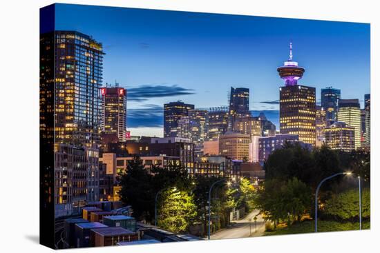 View of city skyline and Vancouver Lookout Tower at dusk from Portside, Vancouver, British Columbia-Frank Fell-Premier Image Canvas