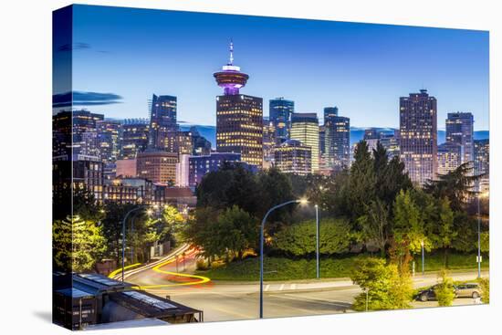 View of city skyline and Vancouver Lookout Tower at dusk from Portside, Vancouver, British Columbia-Frank Fell-Premier Image Canvas