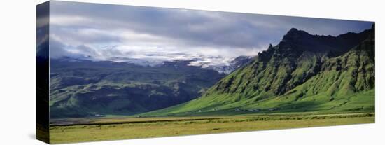 View of Farm and Cliff in the South Coast, Sheer Basalt Cliffs, South Coast, Iceland-null-Premier Image Canvas