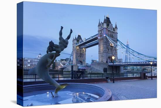 View of Fountain with Tower Bridge in the Background, Thames River, London, England-null-Stretched Canvas