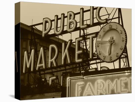 View of Public Market Neon Sign and Pike Place Market, Seattle, Washington, USA-Walter Bibikow-Premier Image Canvas