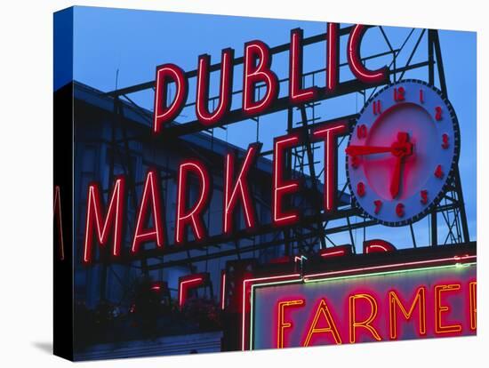 View of Public Market Neon Sign and Pike Place Market, Seattle, Washington, USA-Walter Bibikow-Premier Image Canvas