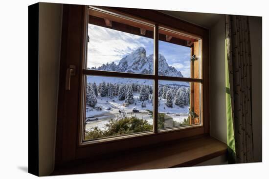 View of Sass De Putia surrounded by snowy woods from the window, Passo Delle Erbe, Funes Valley, So-Roberto Moiola-Premier Image Canvas