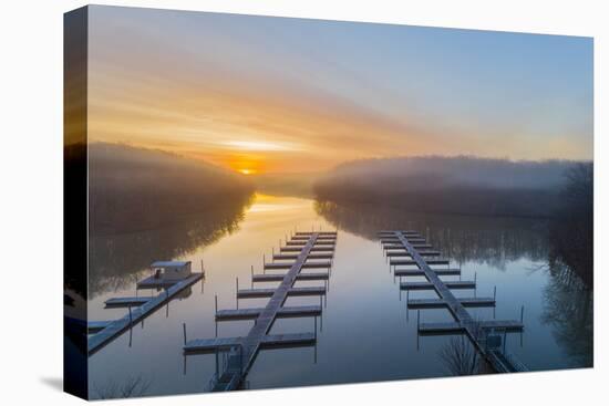 View of sunrise above boast docks, Stephen A. Forbes State Park, aerial view, Marion Co., Illino...-Panoramic Images-Premier Image Canvas