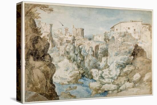 View of Tivoli with the Temple of the Tiburtine Sibyl and the Falls (Pen and Ink with Brown and Blu-Sebastian Vrancx-Premier Image Canvas