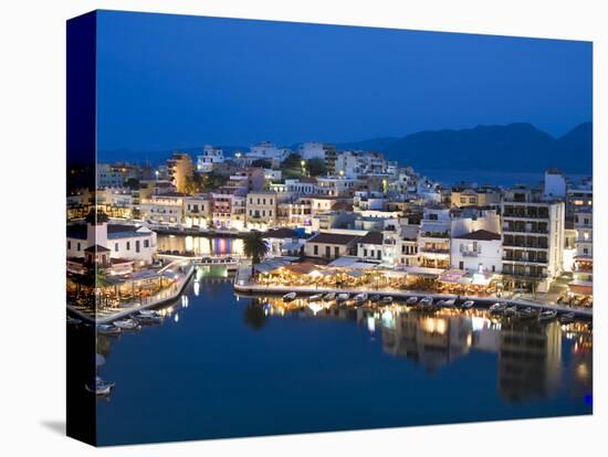 View over Harbour and Restaurants at Dusk, Ayios Nikolaos, Lasithi Region, Crete, Greek Islands, Gr-Stuart Black-Premier Image Canvas