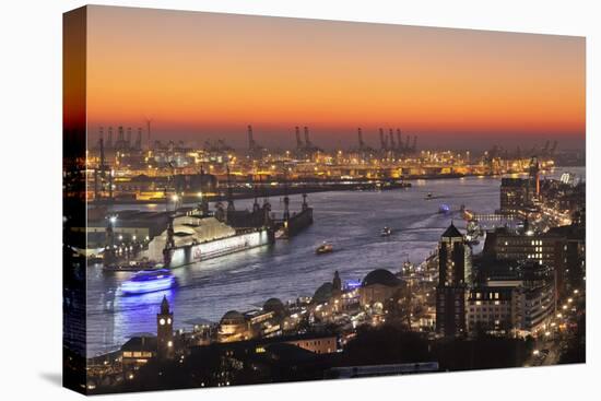 View over St. Pauli district and St. Pauli Landungsbruecken pier over the harbour at sunset, Hambur-Markus Lange-Premier Image Canvas