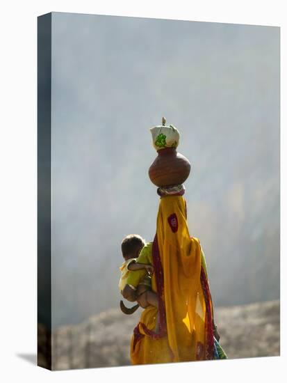 Village Woman Carrying Baby and Load on the Head, Udaipur, Rajasthan, India-Keren Su-Premier Image Canvas