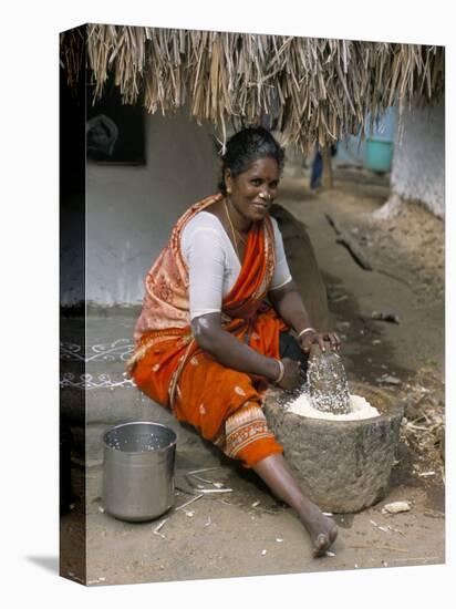 Village Woman Pounding Rice, Tamil Nadu, India-Occidor Ltd-Premier Image Canvas