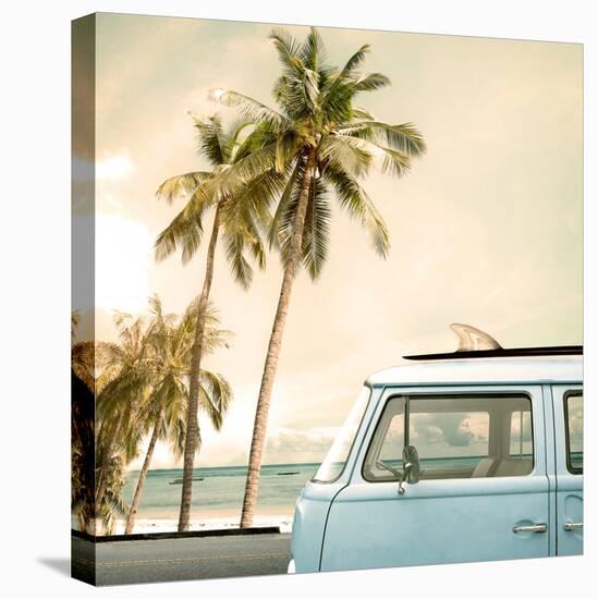 Vintage Car Parked on the Tropical Beach (Seaside) with a Surfboard on the Roof-jakkapan-Stretched Canvas