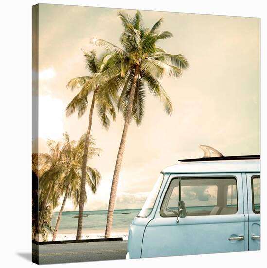 Vintage Car Parked on the Tropical Beach (Seaside) with a Surfboard on the Roof-jakkapan-Premier Image Canvas