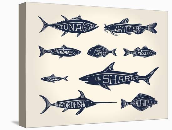 Vintage Illustration of Fish with Names in Tattoo Style over White Background-hauvi-Stretched Canvas