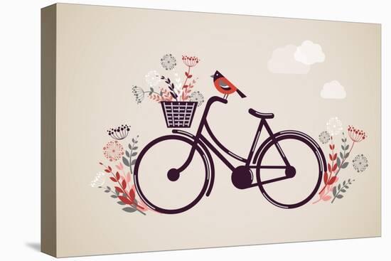 Vintage Retro Bicycle Background with Flowers and Bird-Marish-Stretched Canvas