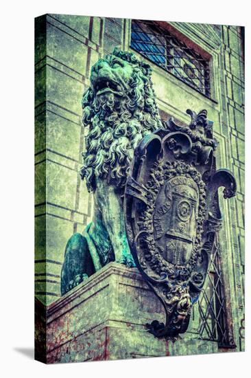 Vintage Retro Hipster Style Travel Image of Bavarian Lion Statue at Munich Alte Residenz Palace in-f9photos-Premier Image Canvas