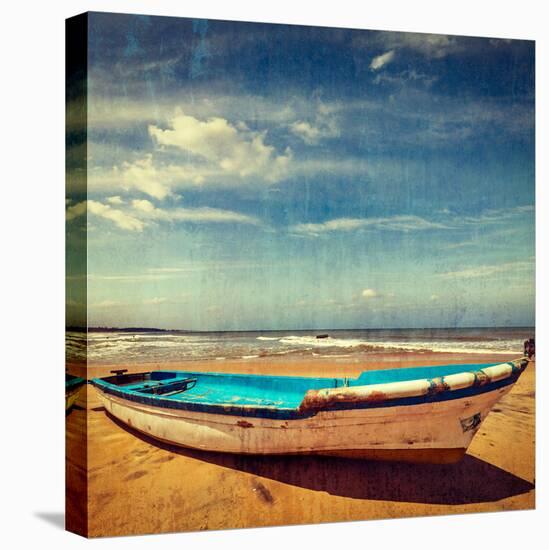 Vintage Retro Hipster Style Travel Image of Boat on a Beach, India  with Grunge Texture Overlaid-f9photos-Premier Image Canvas