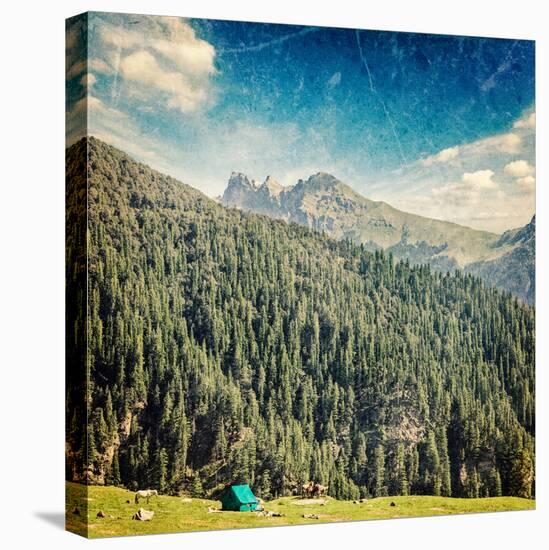 Vintage Retro Hipster Style Travel Image of Camp Tent in Himalayas Mountains with Overlaid Grunge T-f9photos-Premier Image Canvas