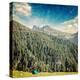 Vintage Retro Hipster Style Travel Image of Camp Tent in Himalayas Mountains with Overlaid Grunge T-f9photos-Premier Image Canvas