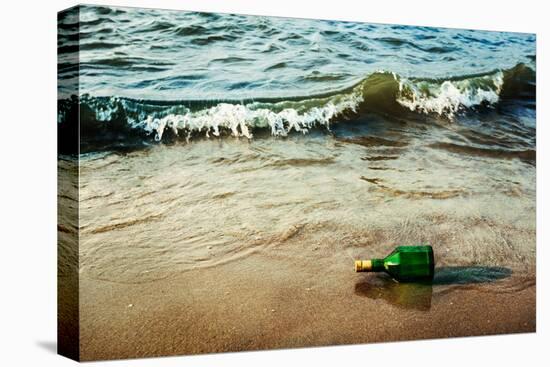 Vintage Retro Hipster Style Travel Image of Message Bottle on Beach Sand in Waves-f9photos-Premier Image Canvas
