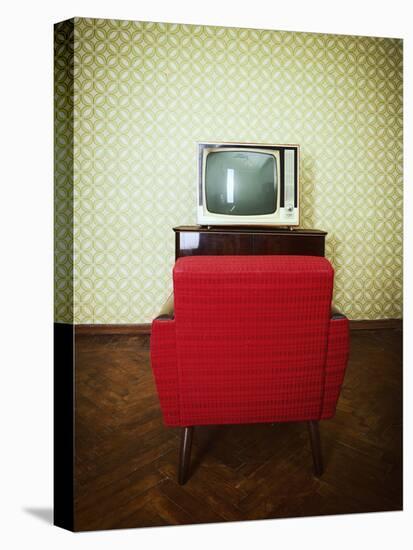 Vintage Room with Two Old Fashioned Armchair and Retro Tv over Obsolete Wallpaper. Toned-khorzhevska-Premier Image Canvas
