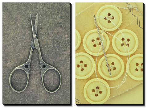 Vintage Sewing Kit: Scissors, Buttons, Needle and Thread' Canvas Art Set -  Den Reader