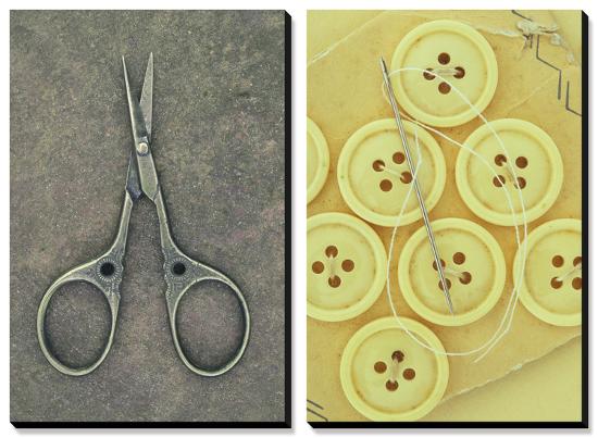 Vintage Sewing Kit: Scissors, Buttons, Needle and Thread-Den Reader-Stretched Canvas