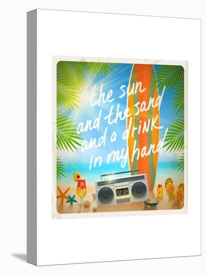 Vintage Vector Illustration - Old Surfboard with Summer Hand Drawn Saying and Retro Cassette Record-vso-Stretched Canvas
