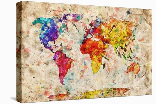 Vintage World Map. Colorful Paint, Watercolor, Retro Style Expression on Grunge, Old Paper.-Michal Bednarek-Stretched Canvas