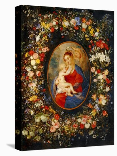 Virgin and Child with Angels Amonst a Garland of Flowers, Medaillon Rubens-Jan Brueghel the Elder-Premier Image Canvas