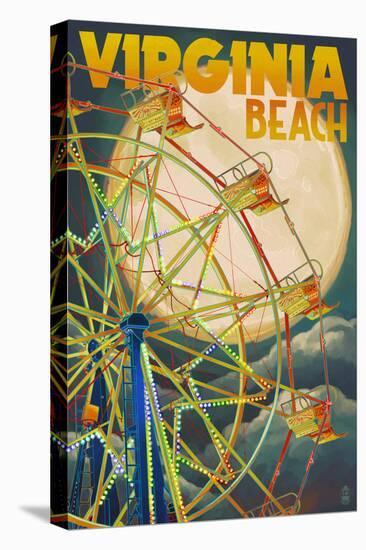 Virginia Beach, Virginia - Ferris Wheen and Full Moon-Lantern Press-Stretched Canvas