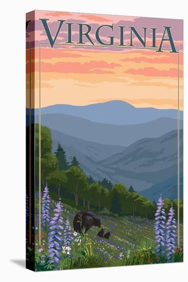 Virginia - Black Bear and Cubs Spring Flowers-Lantern Press-Stretched Canvas