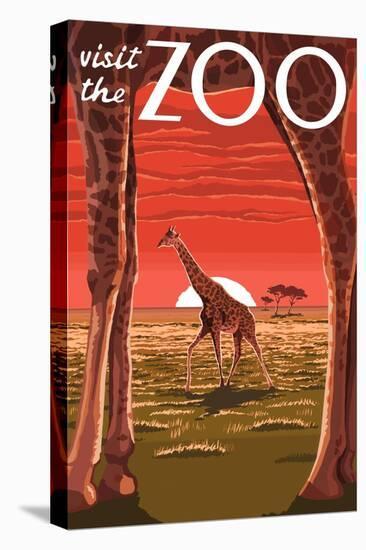 Visit the Zoo, Giraffe Scene-Lantern Press-Stretched Canvas