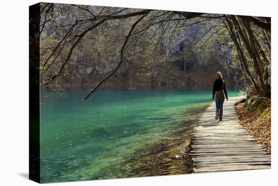 Visitor on Wooden Walkway Path over Crystal Clear Waters of Plitvice Lakes National Park-Simon Montgomery-Premier Image Canvas