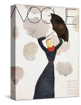 Vogue Cover - February 1933 - Umbrella Weather-Georges Lepape-Stretched Canvas