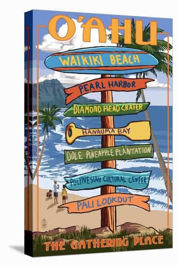 Waikiki Beach, Oahu, Hawaii - Sign Destinations-Lantern Press-Stretched Canvas