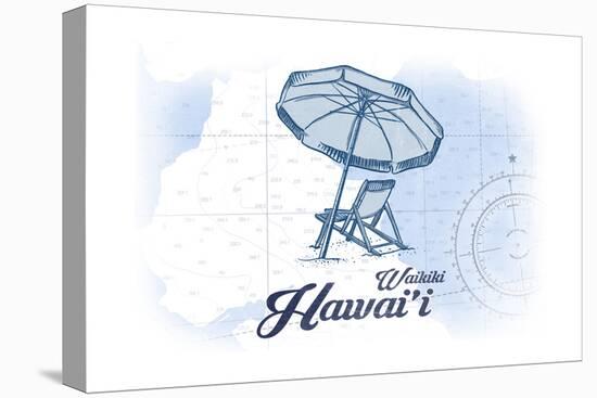 Waikiki, Hawaii - Beach Chair and Umbrella - Blue - Coastal Icon-Lantern Press-Stretched Canvas