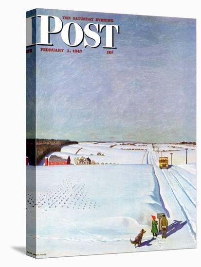 "Waiting for School Bus in Snow," Saturday Evening Post Cover, February 1, 1947-John Falter-Premier Image Canvas