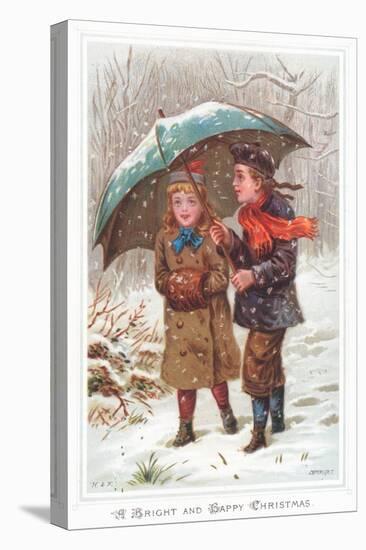 Walking under Umbrella in Snow Storm, Christmas Card-null-Premier Image Canvas