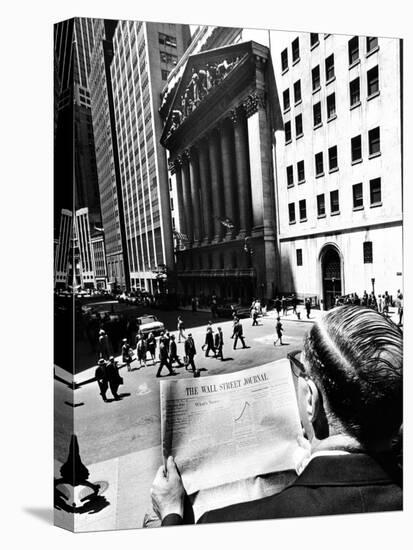 Wall Street Journal Reader across the Street from the New York Stock Exchange Building-null-Stretched Canvas