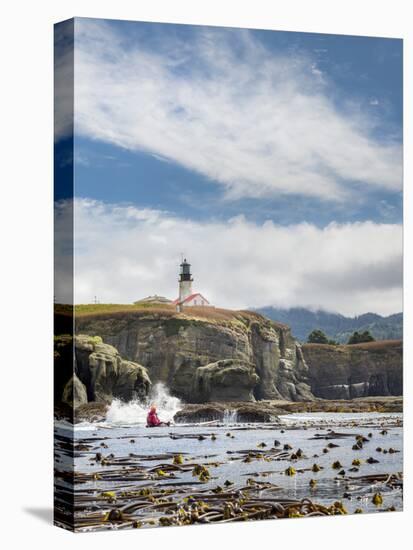 Washington, Male Sea Kayaker Paddling Along Cliffs Beneath Lighthouse on Tatoosh Island-Gary Luhm-Premier Image Canvas