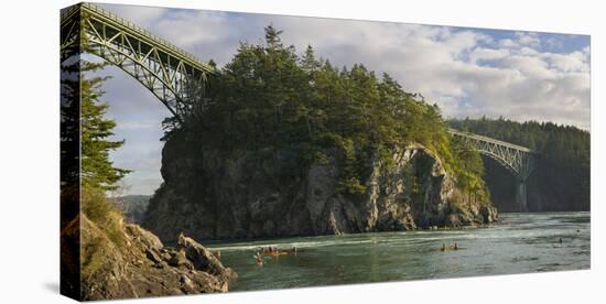 Washington, Sea Kayakers Play in Ebb Tidal Currents under the Deception Pass Bridge-Gary Luhm-Premier Image Canvas